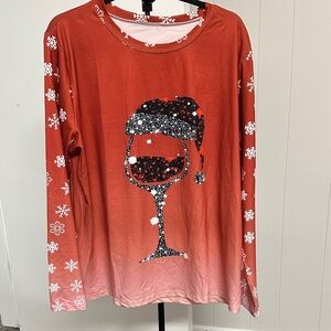 Red Long Sleeve Holiday Shirt with Wine Glass Design XL